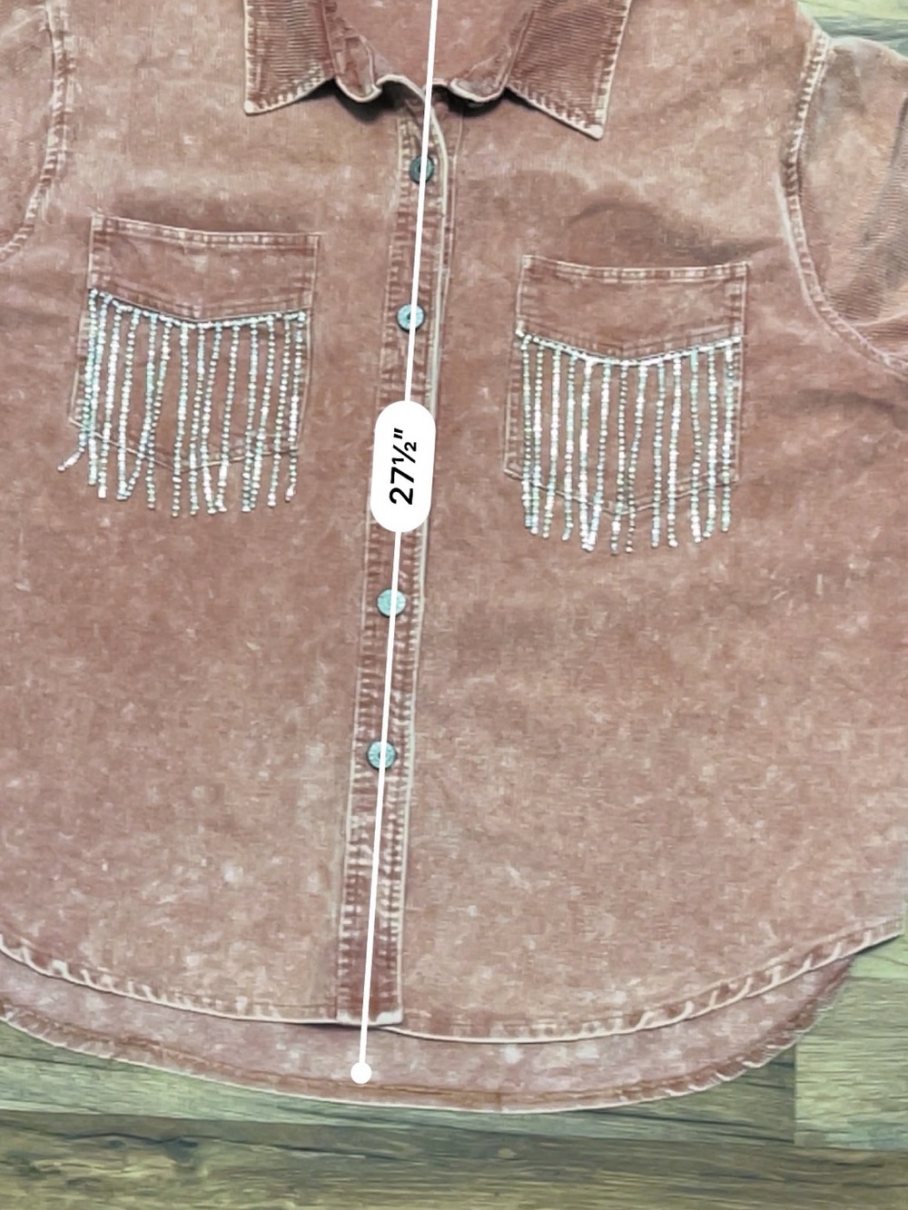 Women’s Pink Corduroy Shacket with Rhinestone Fringe Pocket Detail L - Picture 6 of 8
